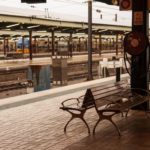 Seats at a train station platform.