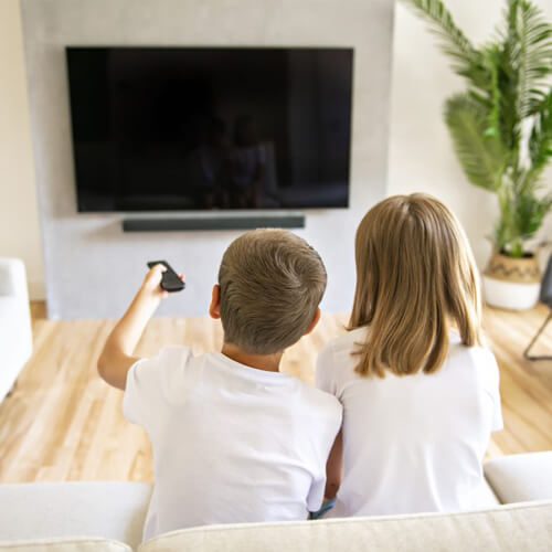 Backs of two children in front of a TV