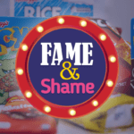 Fame and shame text overlay images of junk food