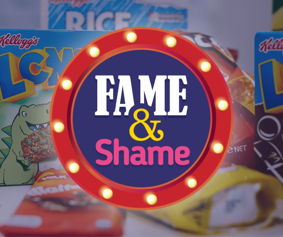 Fame and shame text overlay images of junk food