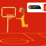 graphic of child slam dunking burger into a basketball hoop
