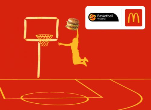 graphic of child slam dunking burger into a basketball hoop