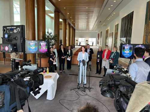 people standing around a microphone at parliament introducing a new Private Members Bill